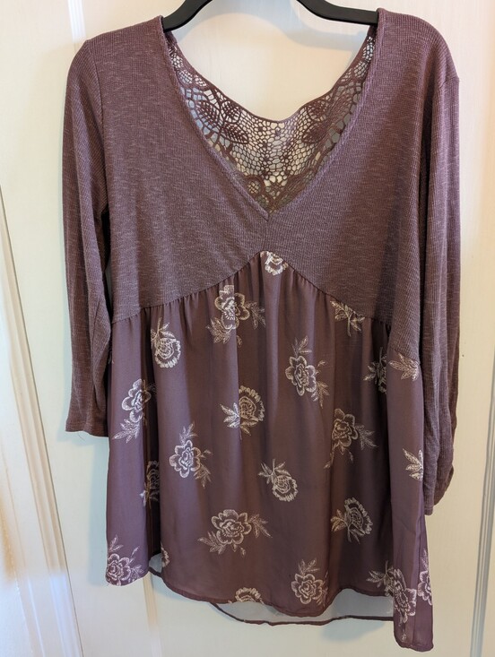 Maurices Tops - Maurices Women's Lace-Trim Flowy Purple Floral Knit Top